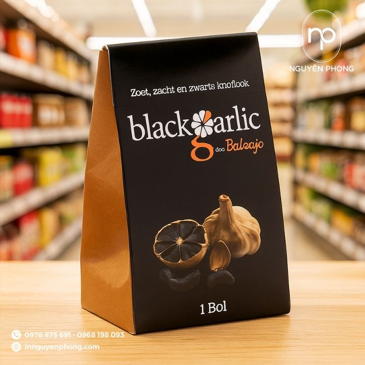 Mẫu túi kraft in màu đựng tỏi đen in hình minh họa